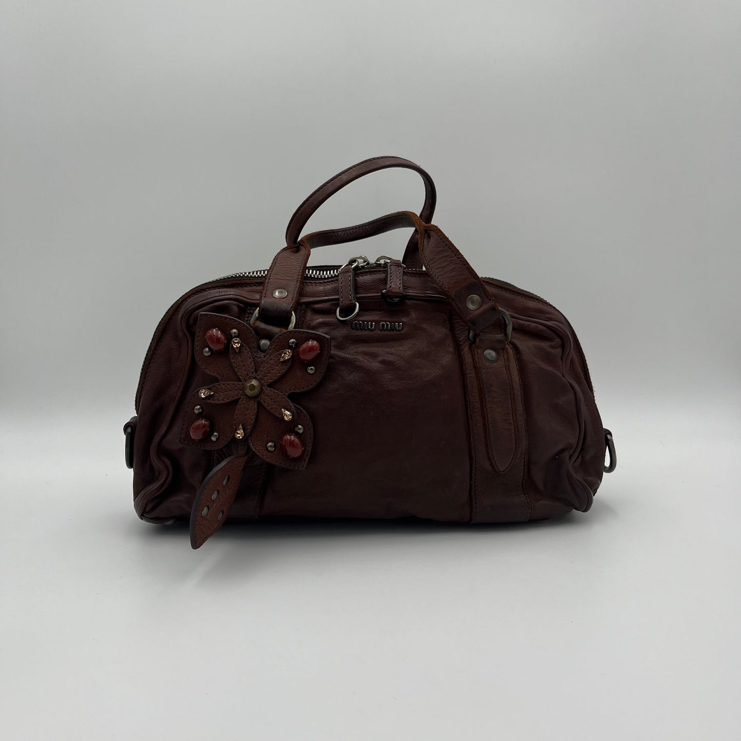 Miu Miu Brown Leather Studded Floral Applique Handbag