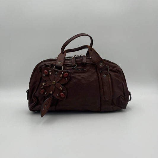 Miu Miu Brown Leather Studded Floral Applique Handbag