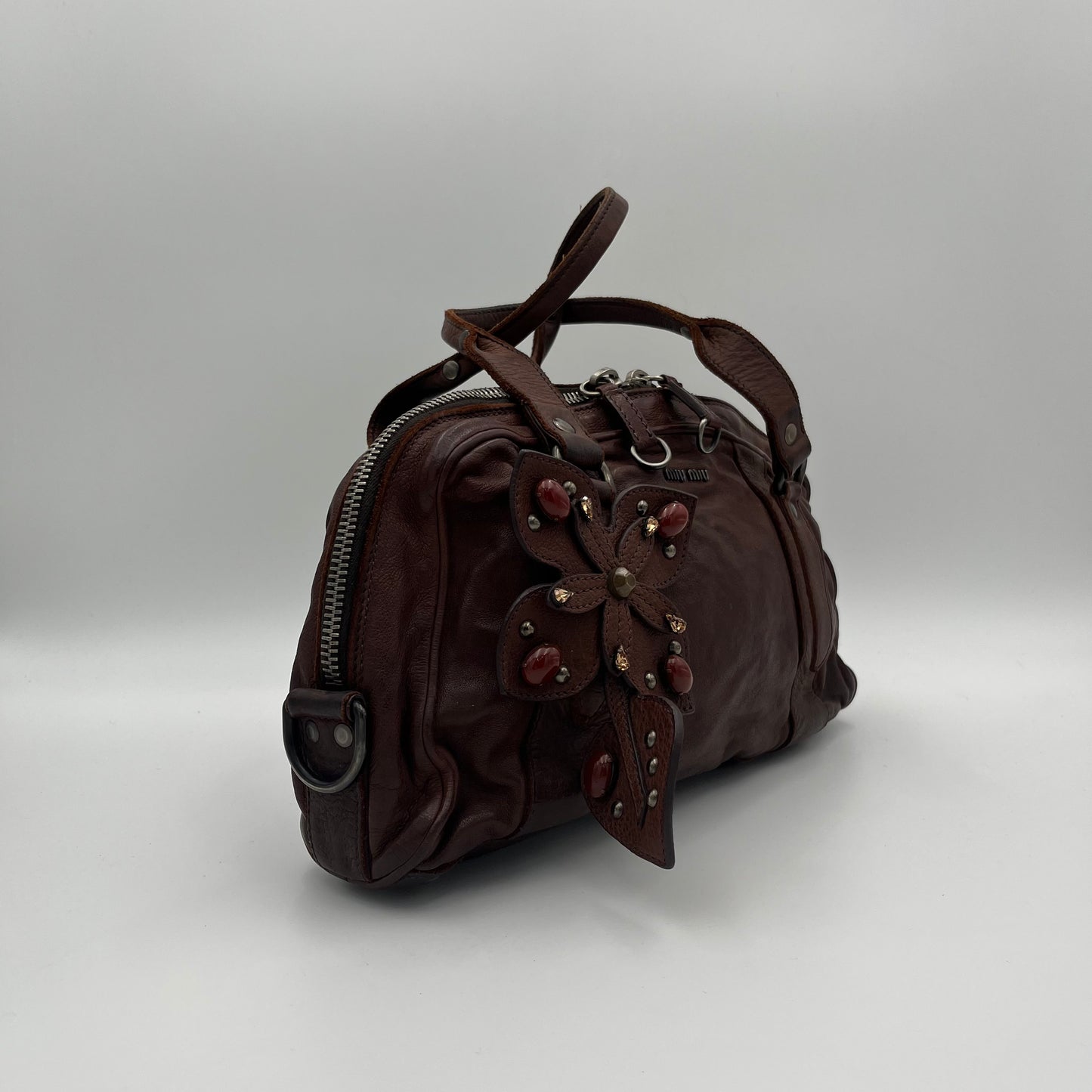 Miu Miu Brown Leather Studded Floral Applique Handbag