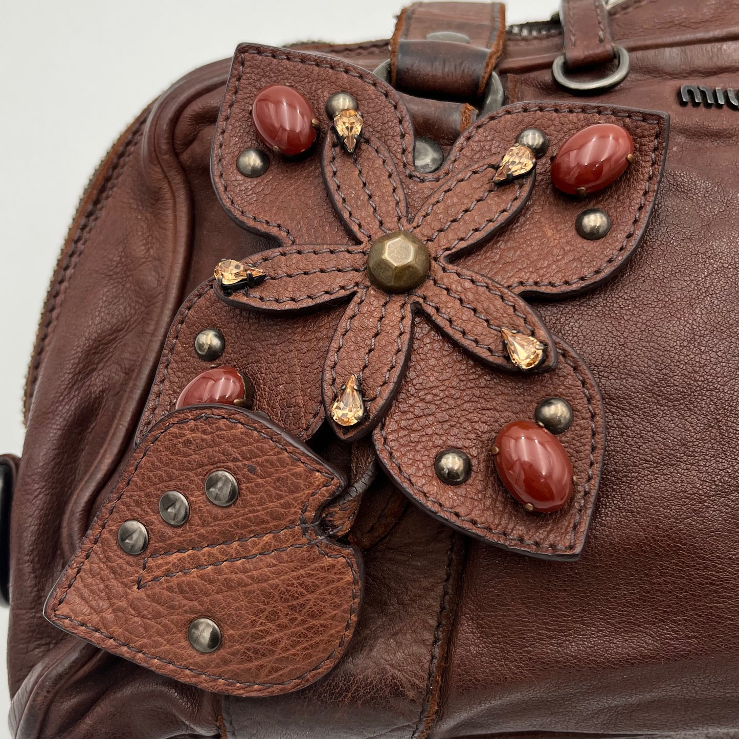 Miu Miu Brown Leather Studded Floral Applique Handbag