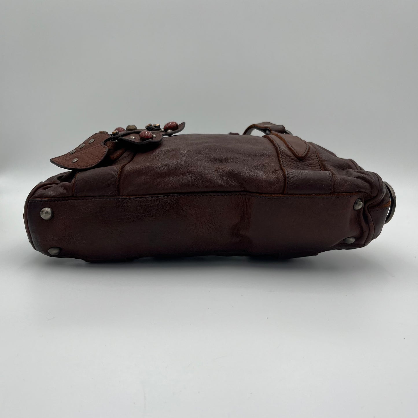 Miu Miu Brown Leather Studded Floral Applique Handbag