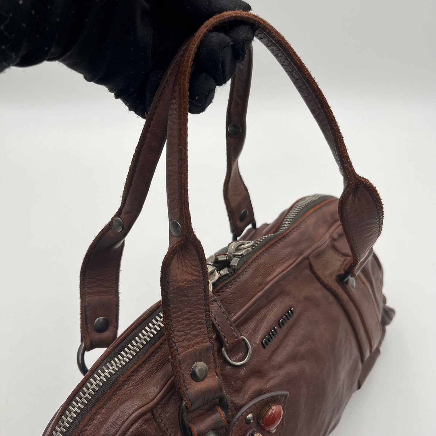 Miu Miu Brown Leather Studded Floral Applique Handbag