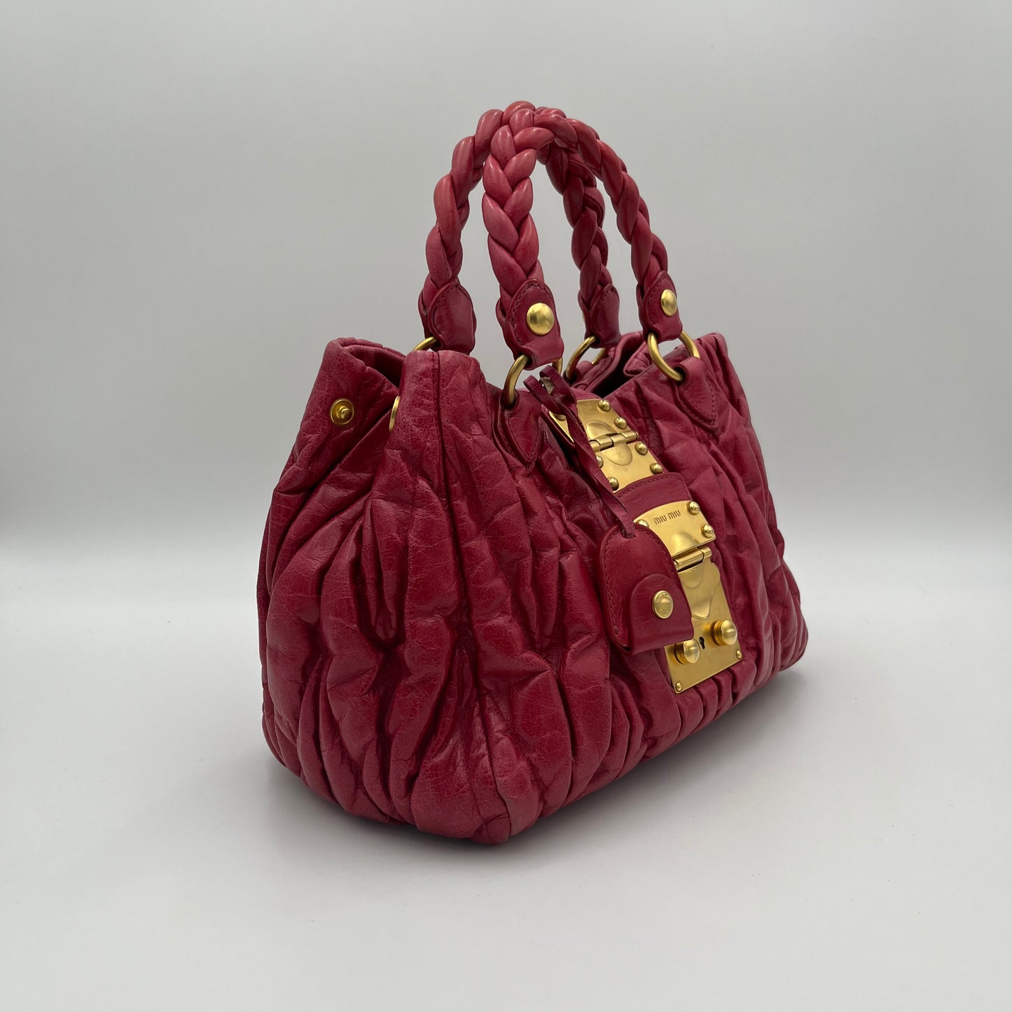 Miu Miu Red Matelasse Leather Braided Handle Two-Way Bag