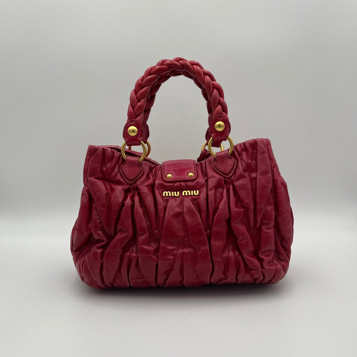 Miu Miu Red Matelasse Leather Braided Handle Two-Way Bag