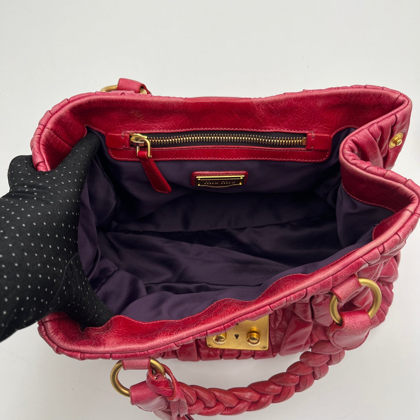 Miu Miu Red Matelasse Leather Braided Handle Two-Way Bag