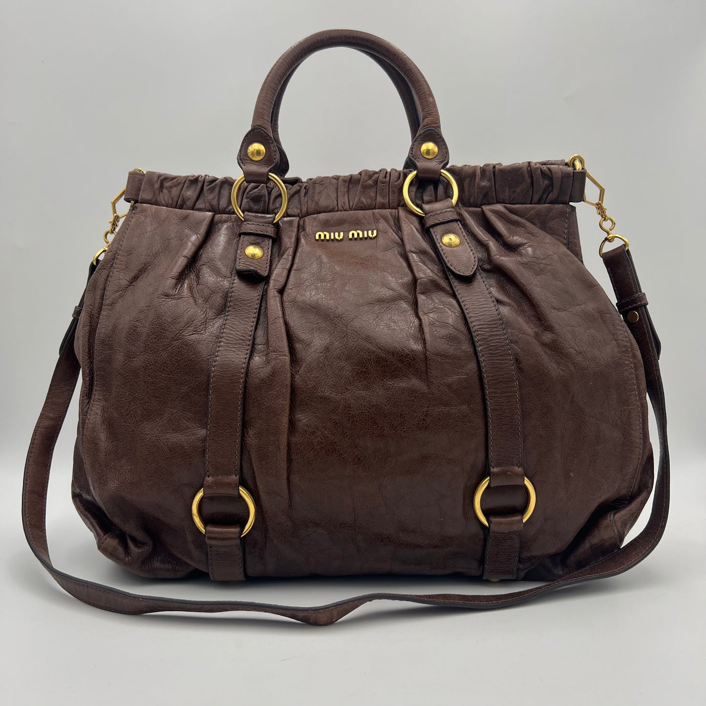 Miu Miu Dark Brown Vitello Lux Leather Large Satchel GHW