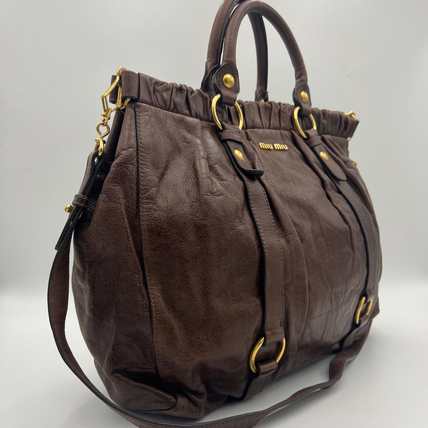 Miu Miu Dark Brown Vitello Lux Leather Large Satchel GHW
