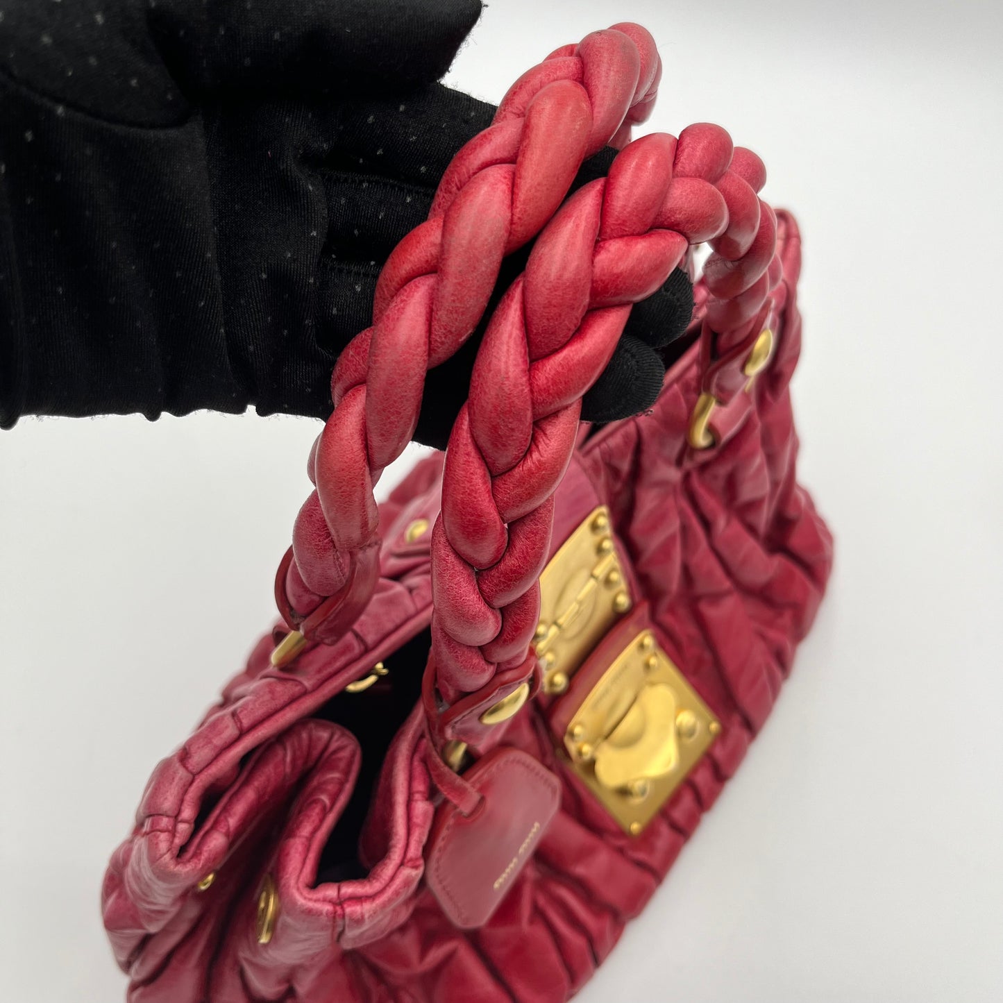 Miu Miu Red Matelasse Leather Braided Handle Two-Way Bag