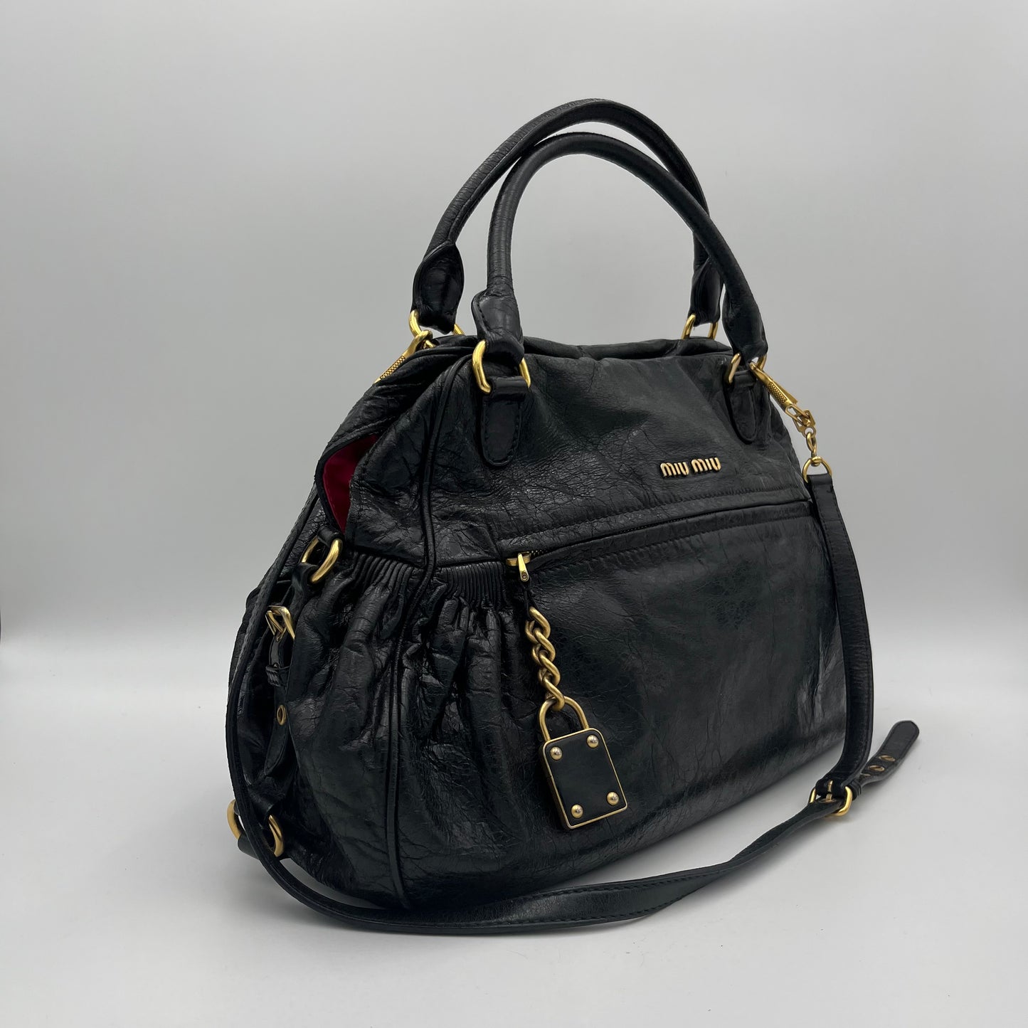 Miu Miu Black Leather Padlock Large Two-Way Bag (needs stitch)