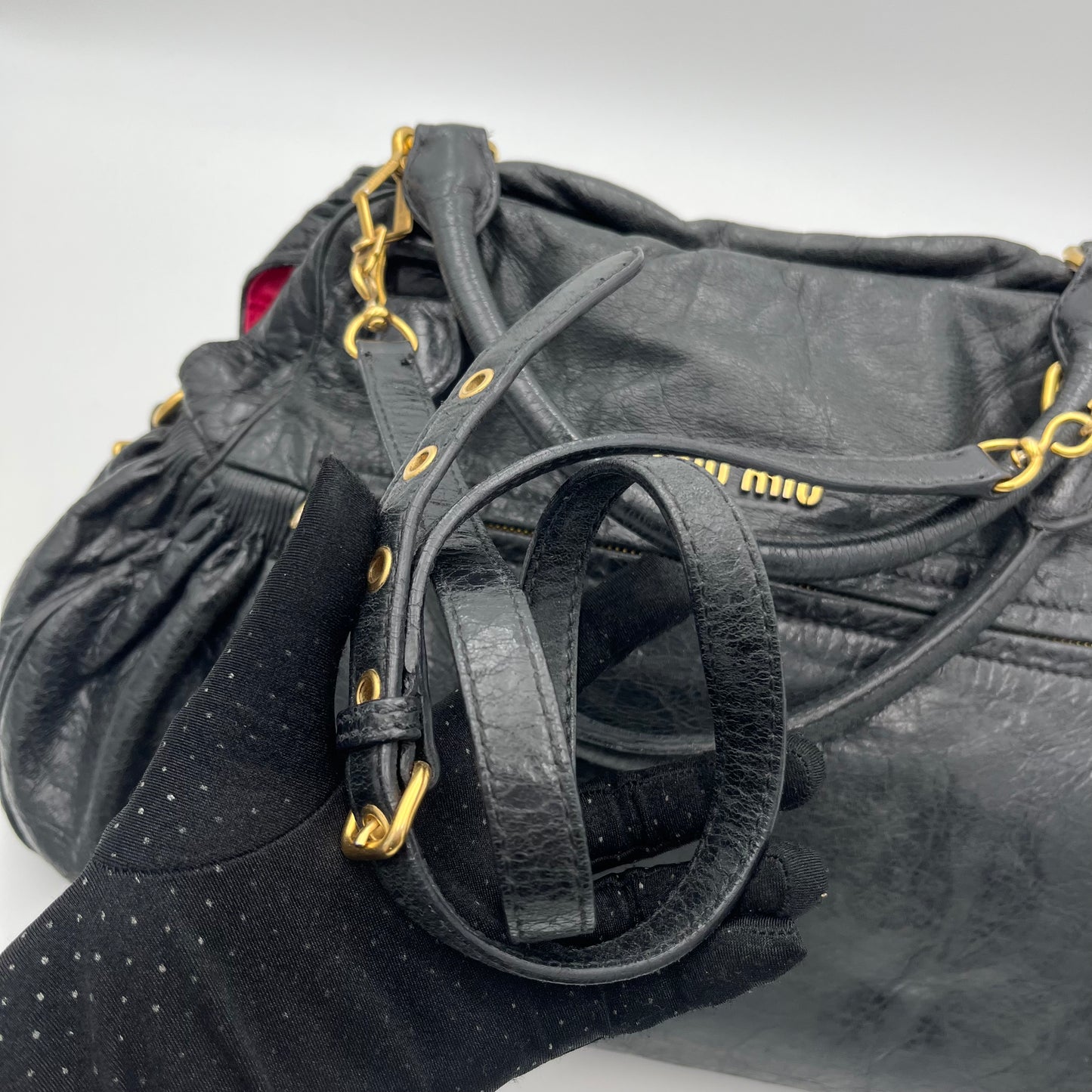 Miu Miu Black Leather Padlock Large Two-Way Bag (needs stitch)