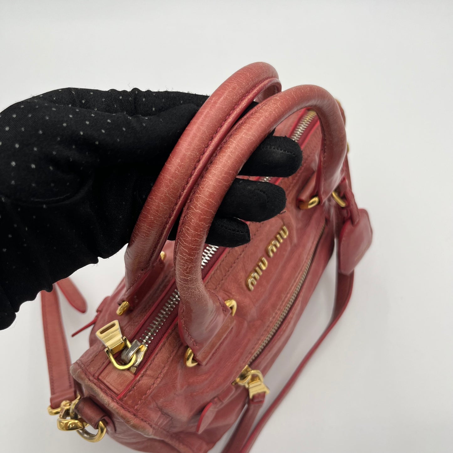 Miu Miu Old Rose Pink Vitello Shine Mini Handbag With Long Strap