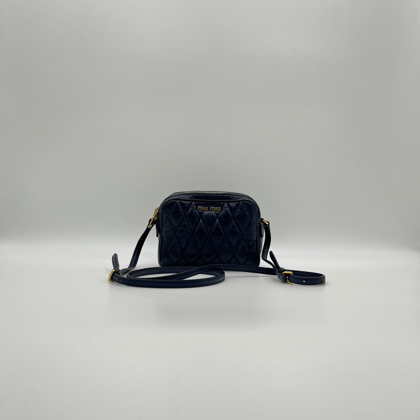 Miu Miu Blue Quilted Vitello Shine Mini Camera Crossbody