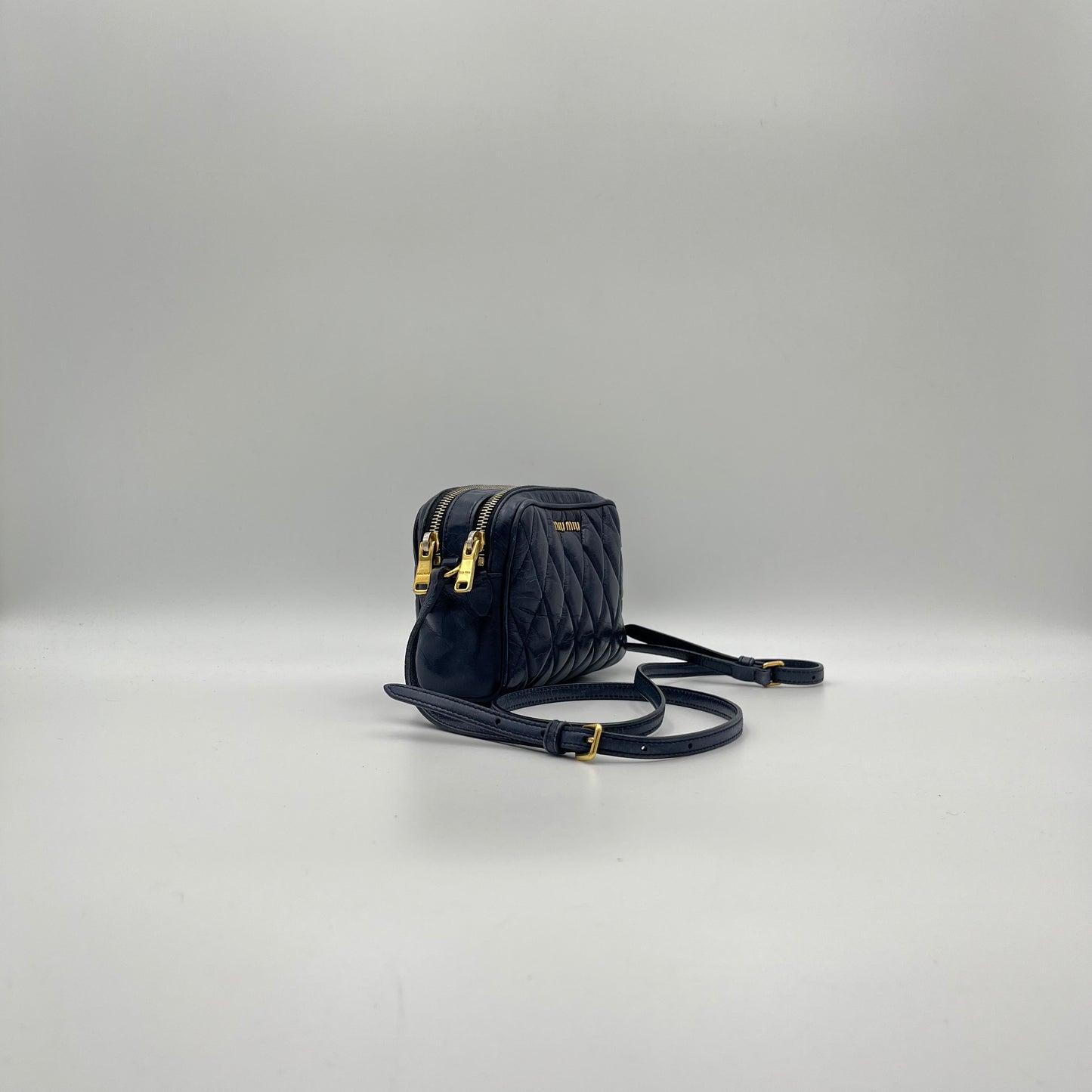 Miu Miu Blue Quilted Vitello Shine Mini Camera Crossbody