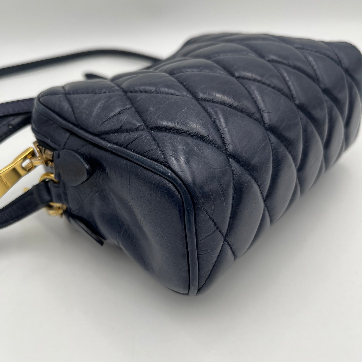 Miu Miu Blue Quilted Vitello Shine Mini Camera Crossbody