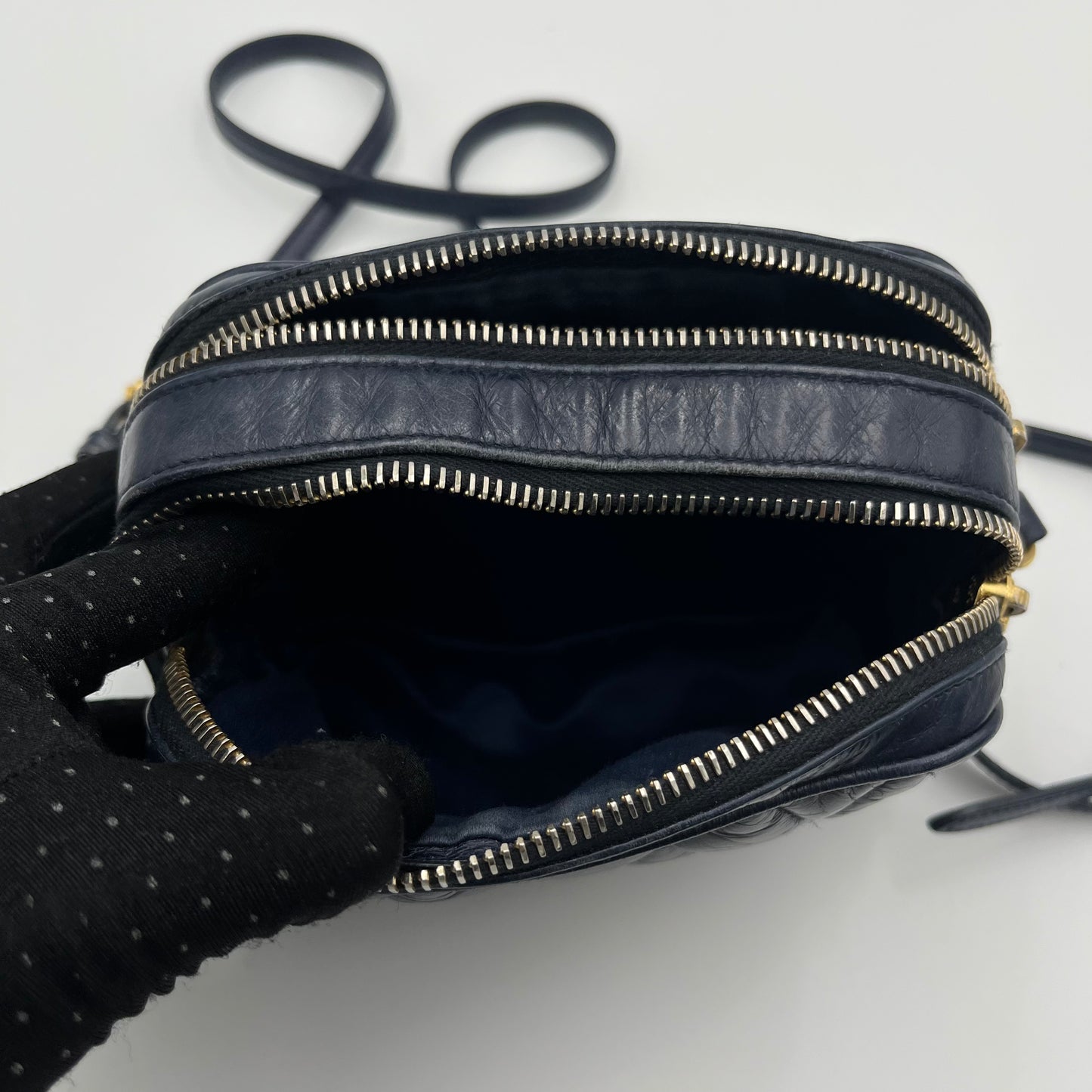 Miu Miu Blue Quilted Vitello Shine Mini Camera Crossbody