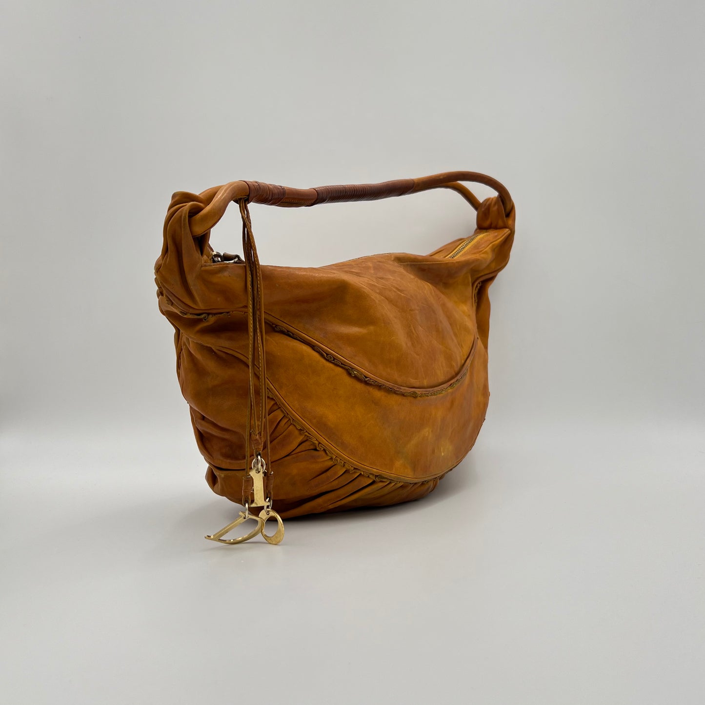 Christian Dior Orange Brown Leather Gypsy Hobo Bag