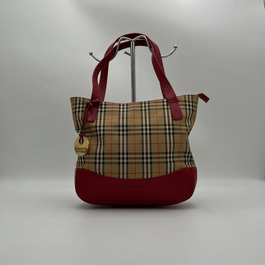 Burberry Haymarket Canvas Red Leather Tote Bag