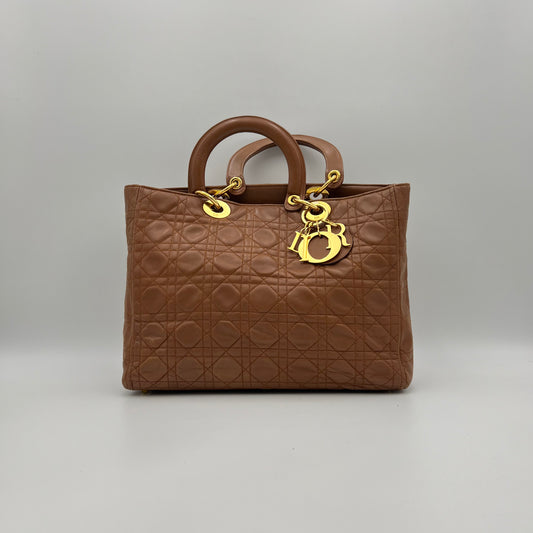 Christian Dior Caramel Brown Leather Cannage Large Lady Dior GHW