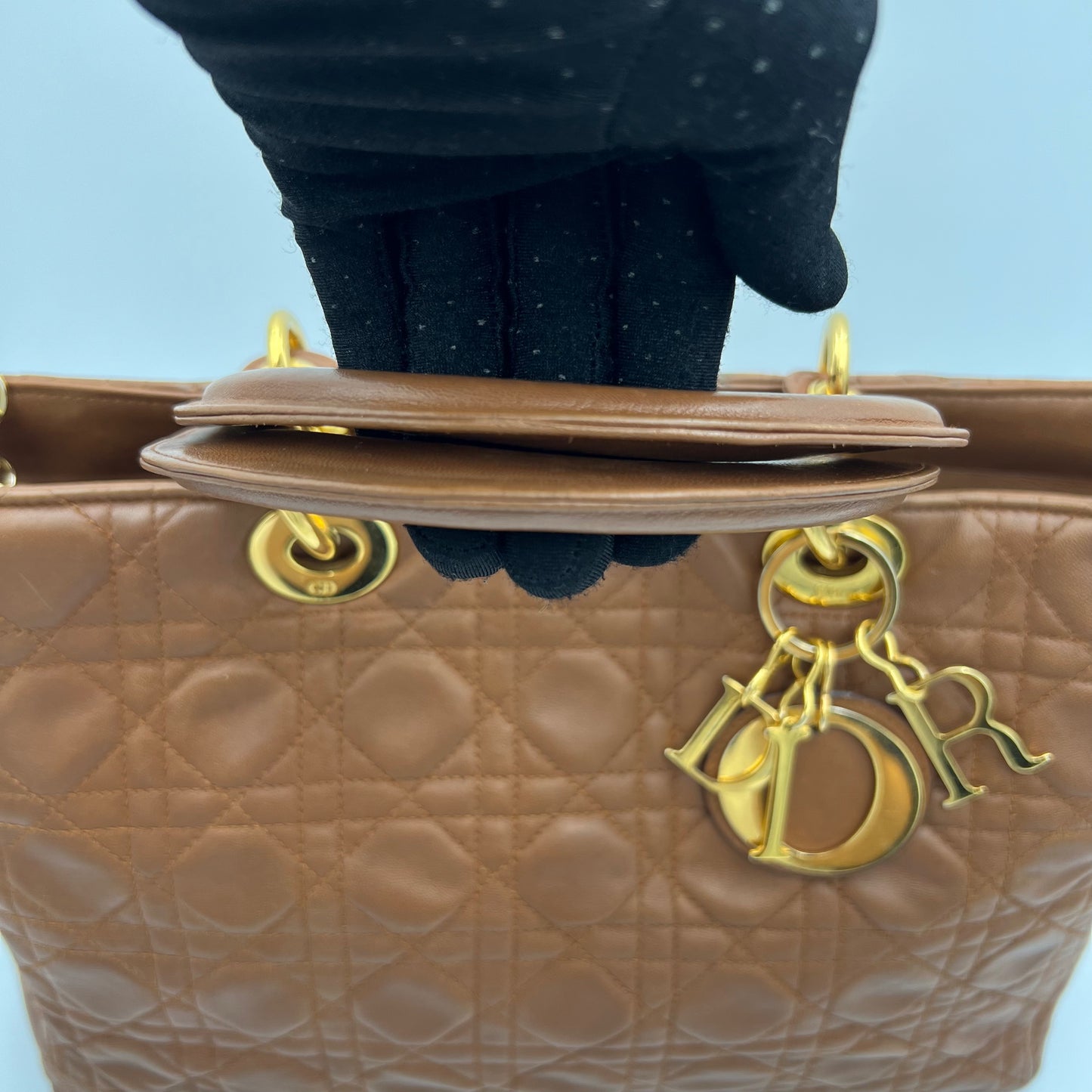Christian Dior Caramel Brown Leather Cannage Large Lady Dior GHW