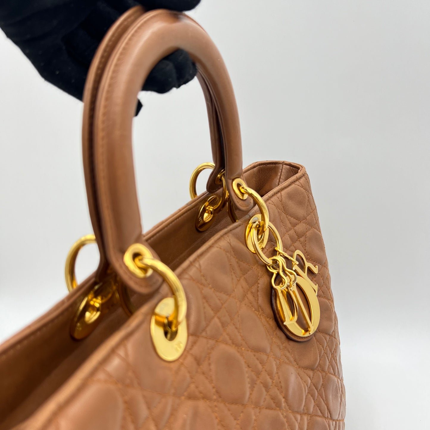 Christian Dior Caramel Brown Leather Cannage Large Lady Dior GHW