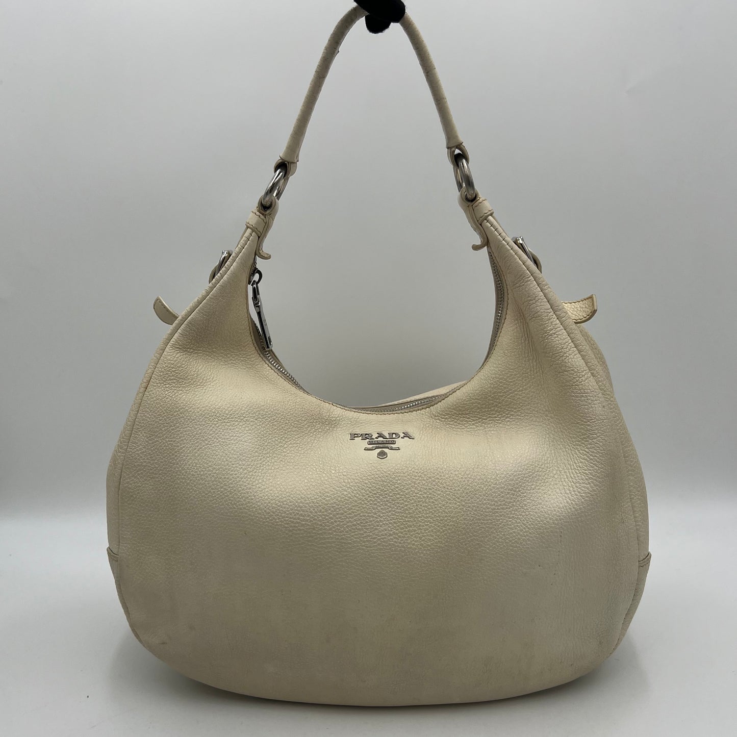 Prada White Vitello Daino Large Hobo Bag SHW