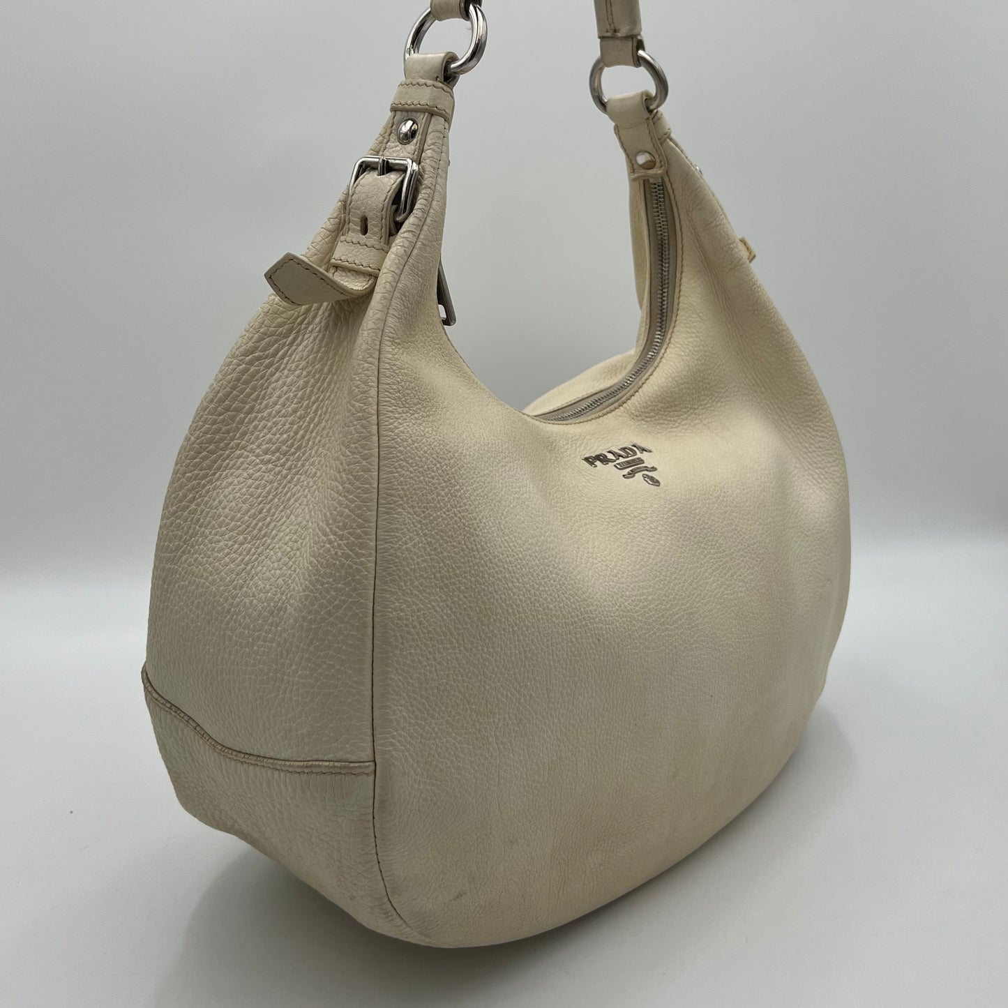 Prada White Vitello Daino Large Hobo Bag SHW