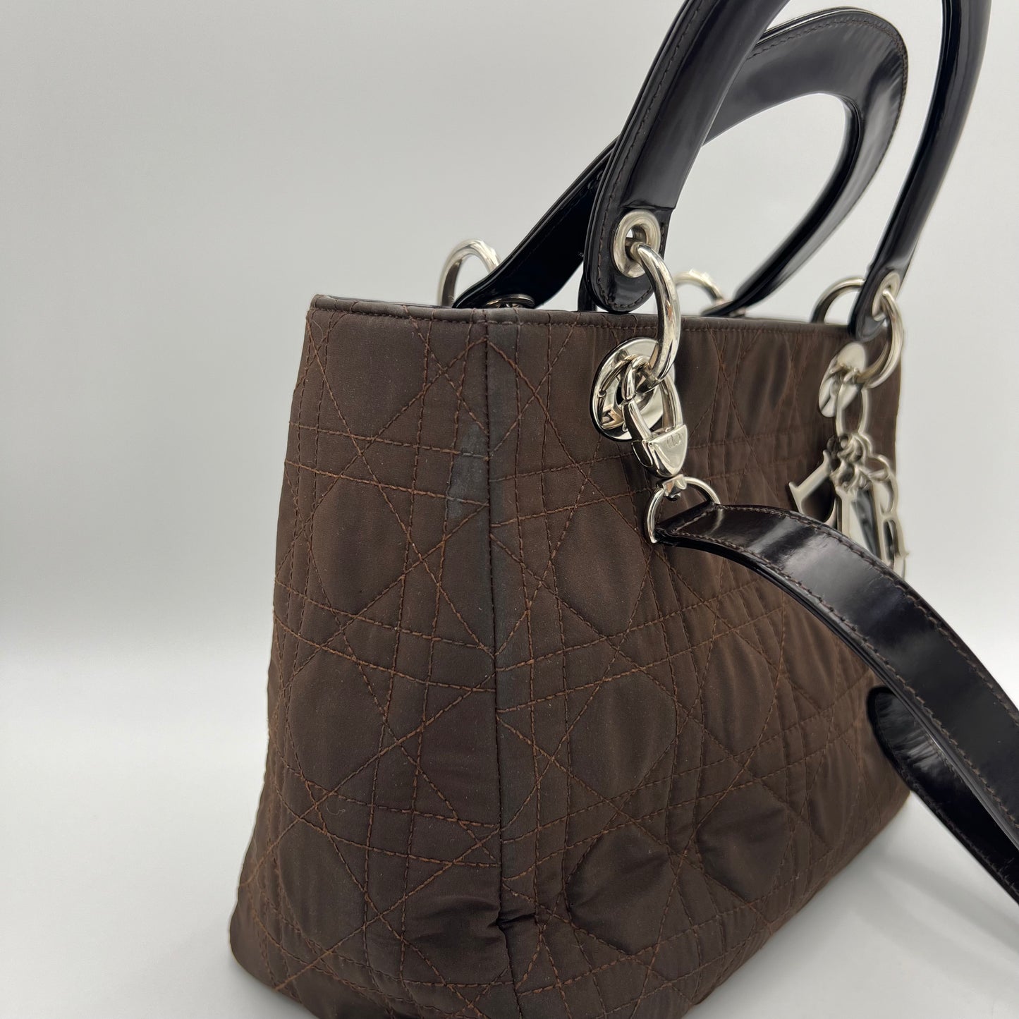 Christian Dior Chocolate Brown Nylon and Patent Leather Lady Dior