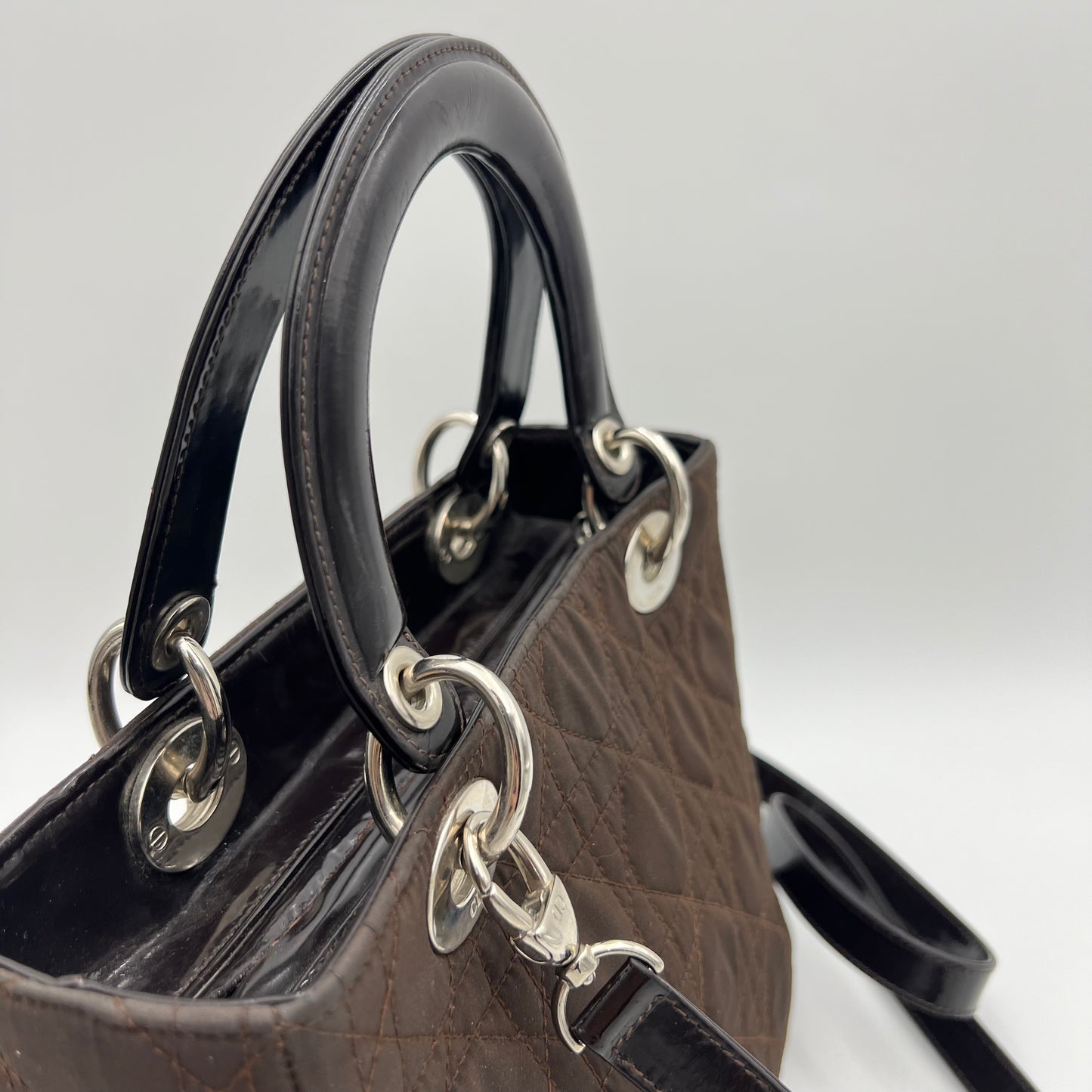 Christian Dior Chocolate Brown Nylon and Patent Leather Lady Dior