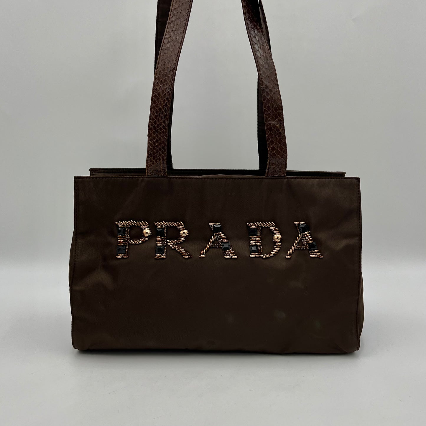 Prada Brown Nylon Embellished Logo Python Long Strap Bag