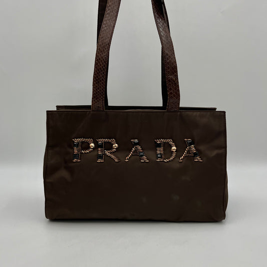 Prada Brown Nylon Embellished Logo Python Long Strap Bag