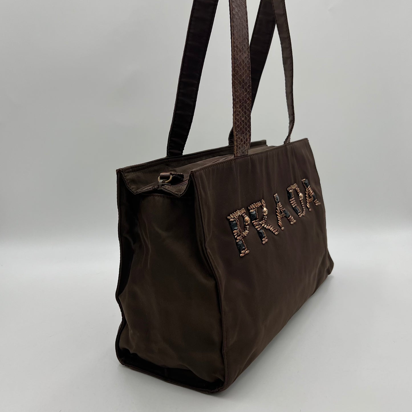 Prada Brown Nylon Embellished Logo Python Long Strap Bag