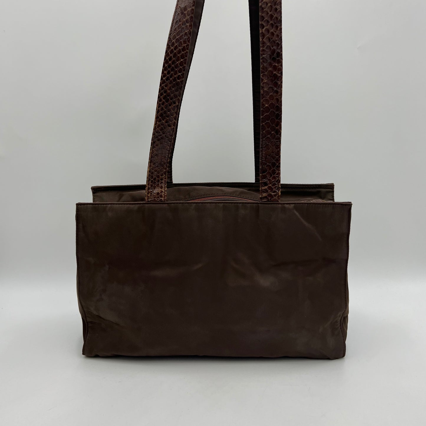 Prada Brown Nylon Embellished Logo Python Long Strap Bag