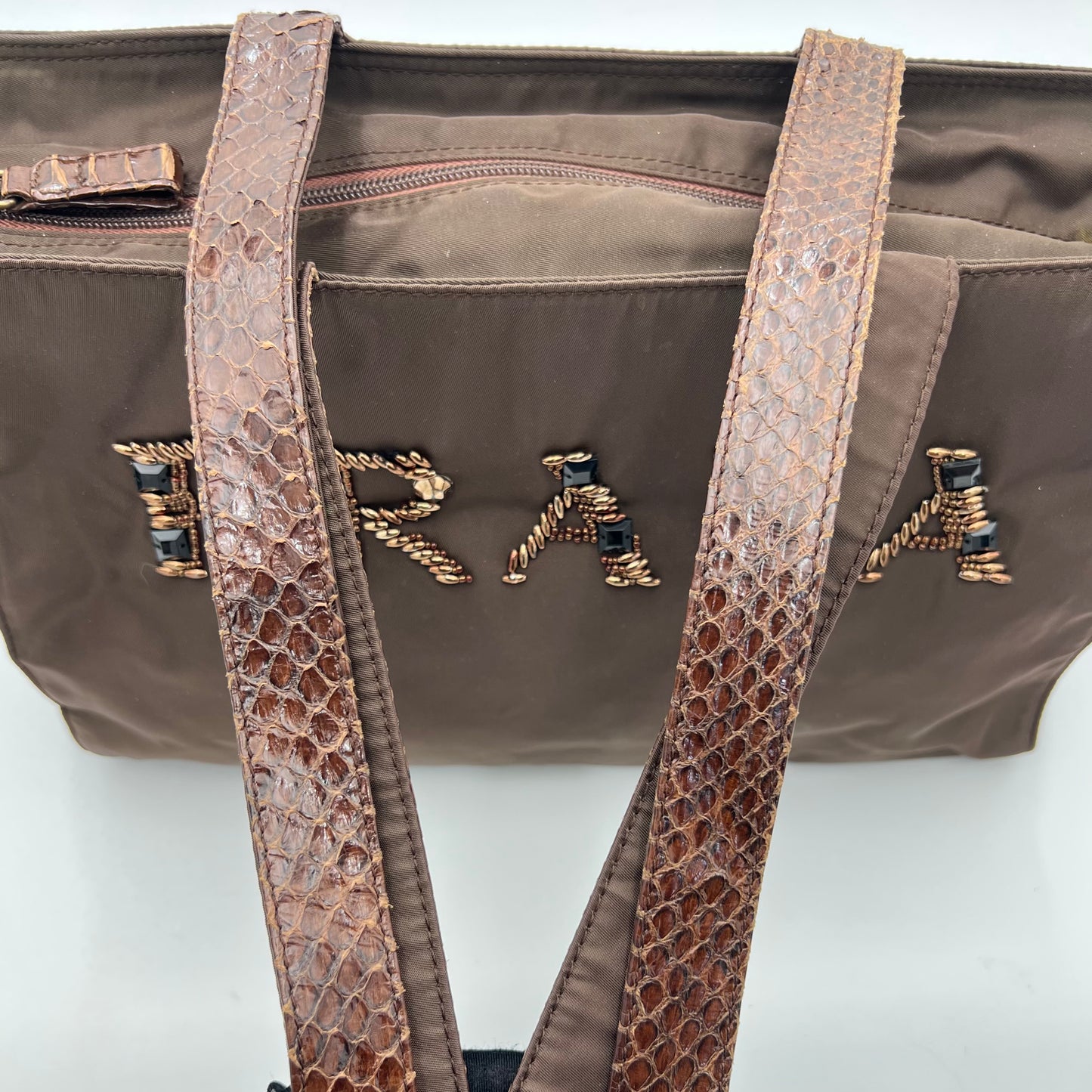 Prada Brown Nylon Embellished Logo Python Long Strap Bag