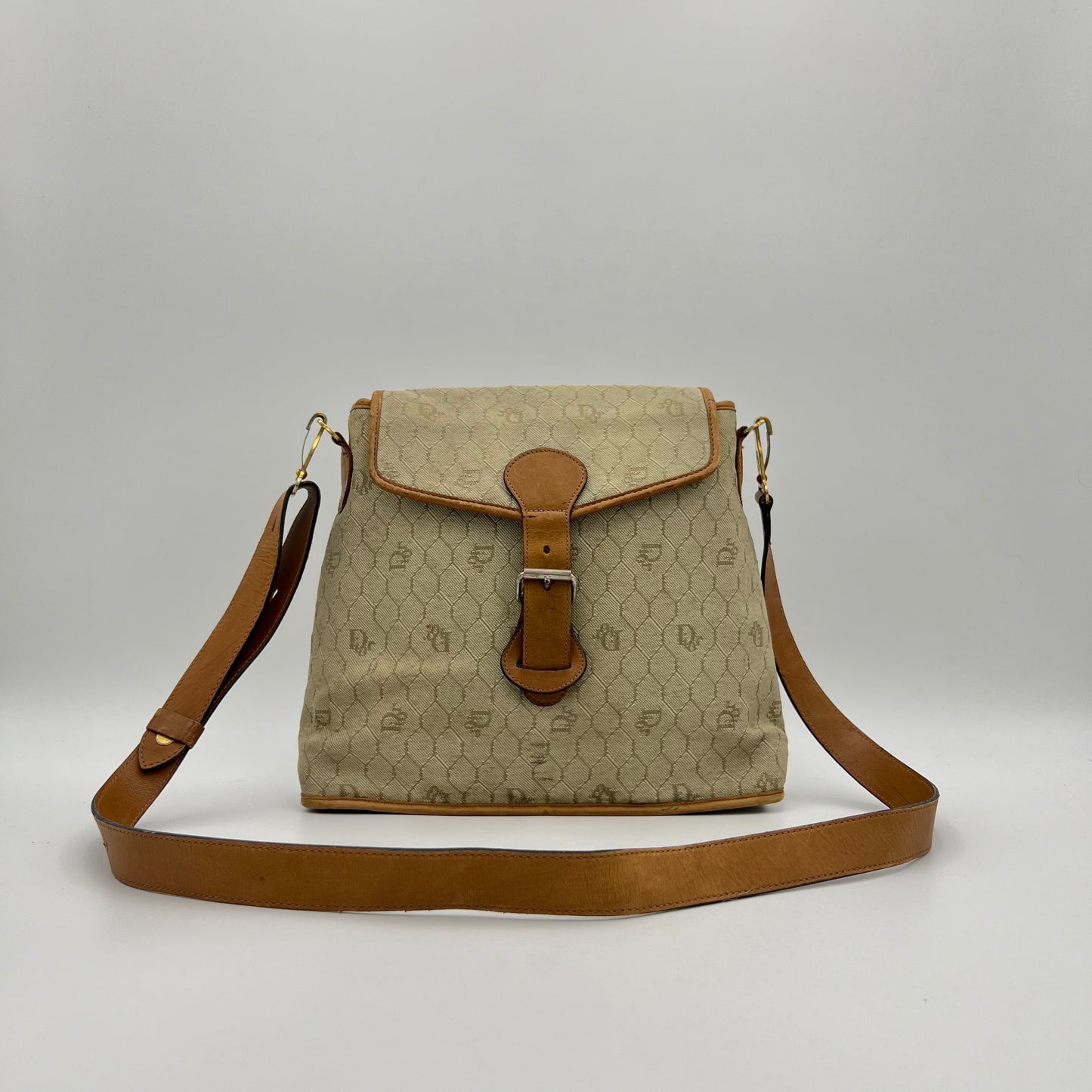 Christian Dior Light Honeycomb Canvas and Brown Leather Belt Flap Medium Crossbody