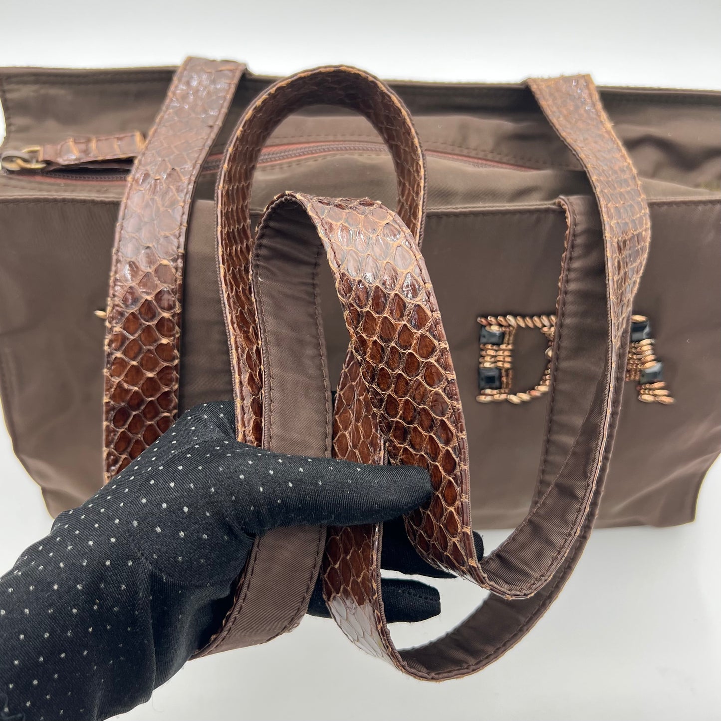 Prada Brown Nylon Embellished Logo Python Long Strap Bag