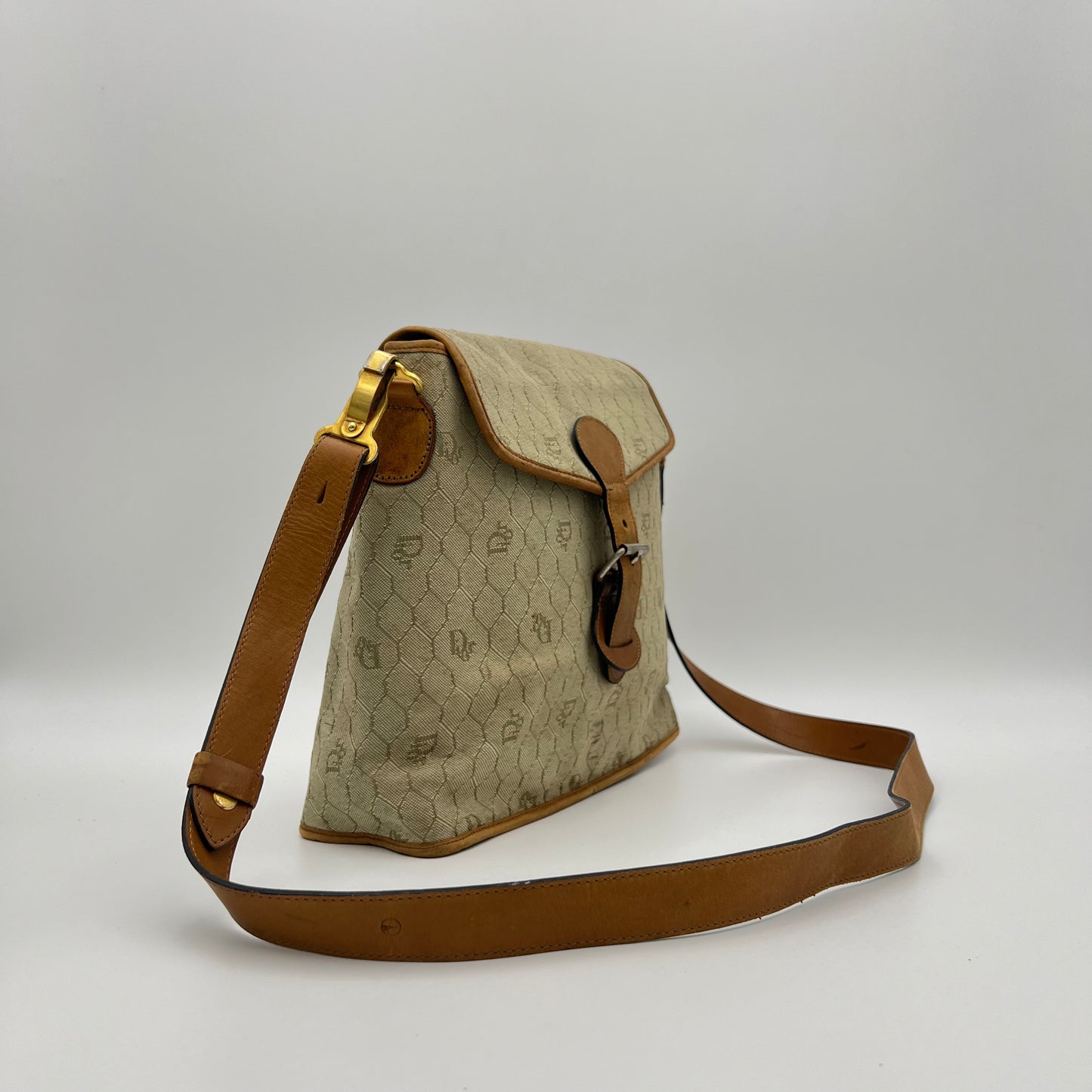 Christian Dior Light Honeycomb Canvas and Brown Leather Belt Flap Medium Crossbody