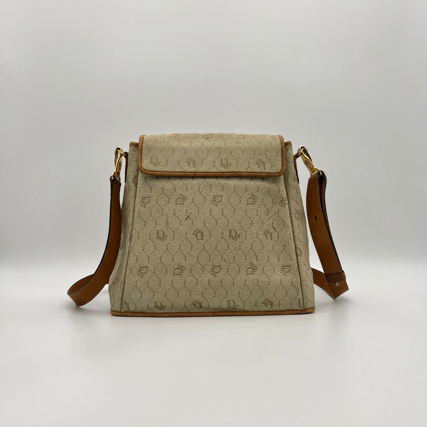 Christian Dior Light Honeycomb Canvas and Brown Leather Belt Flap Medium Crossbody