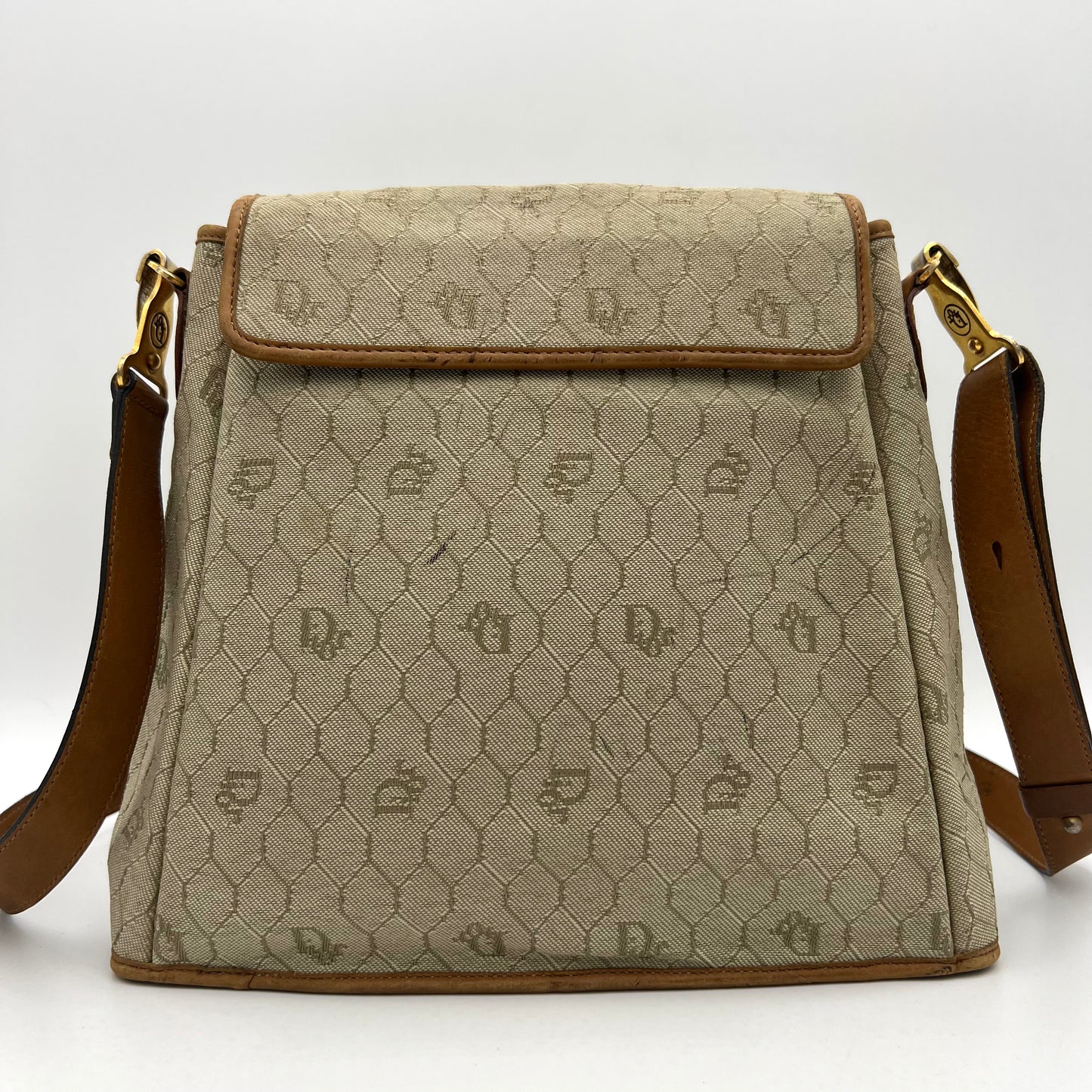 Christian Dior Light Honeycomb Canvas and Brown Leather Belt Flap Medium Crossbody