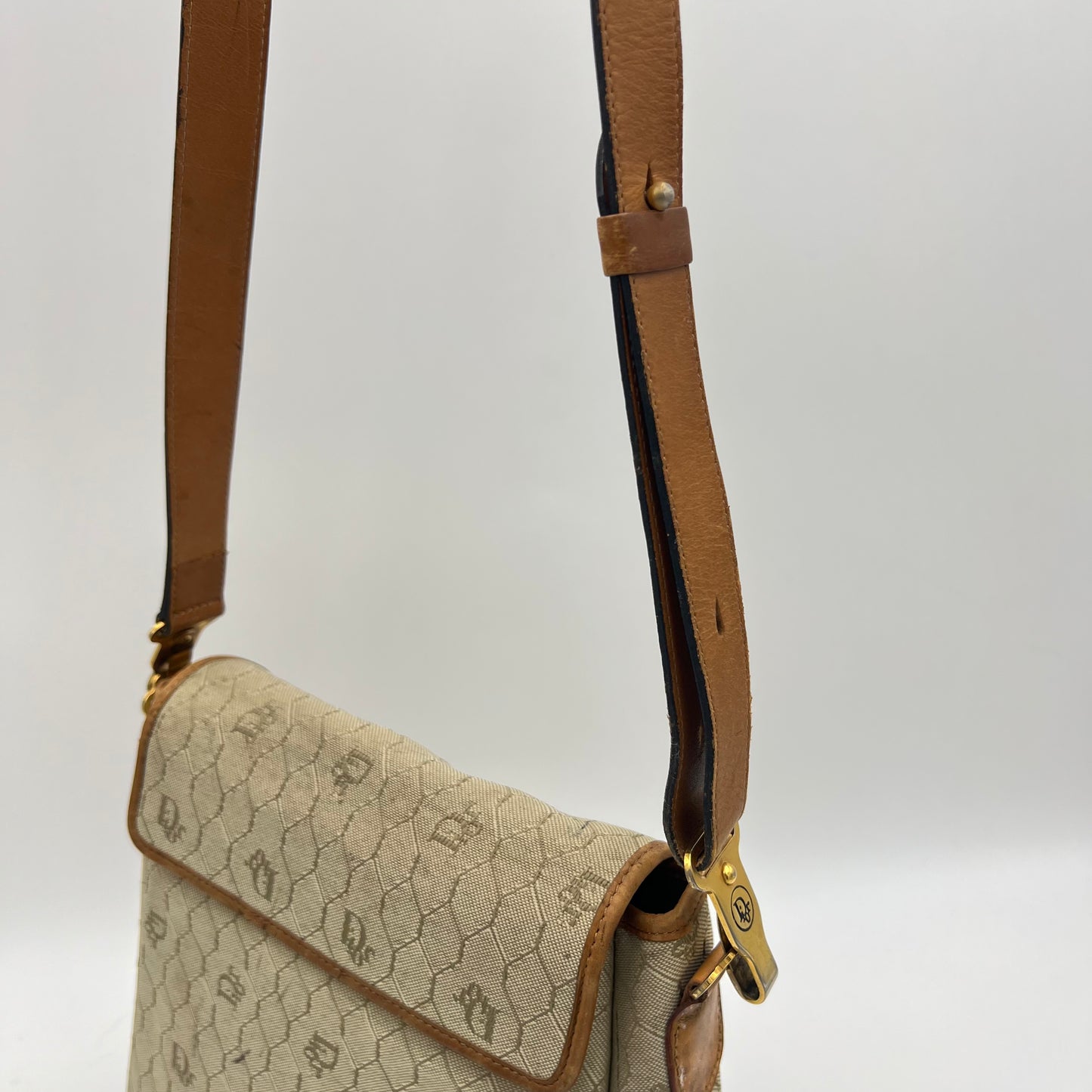 Christian Dior Light Honeycomb Canvas and Brown Leather Belt Flap Medium Crossbody