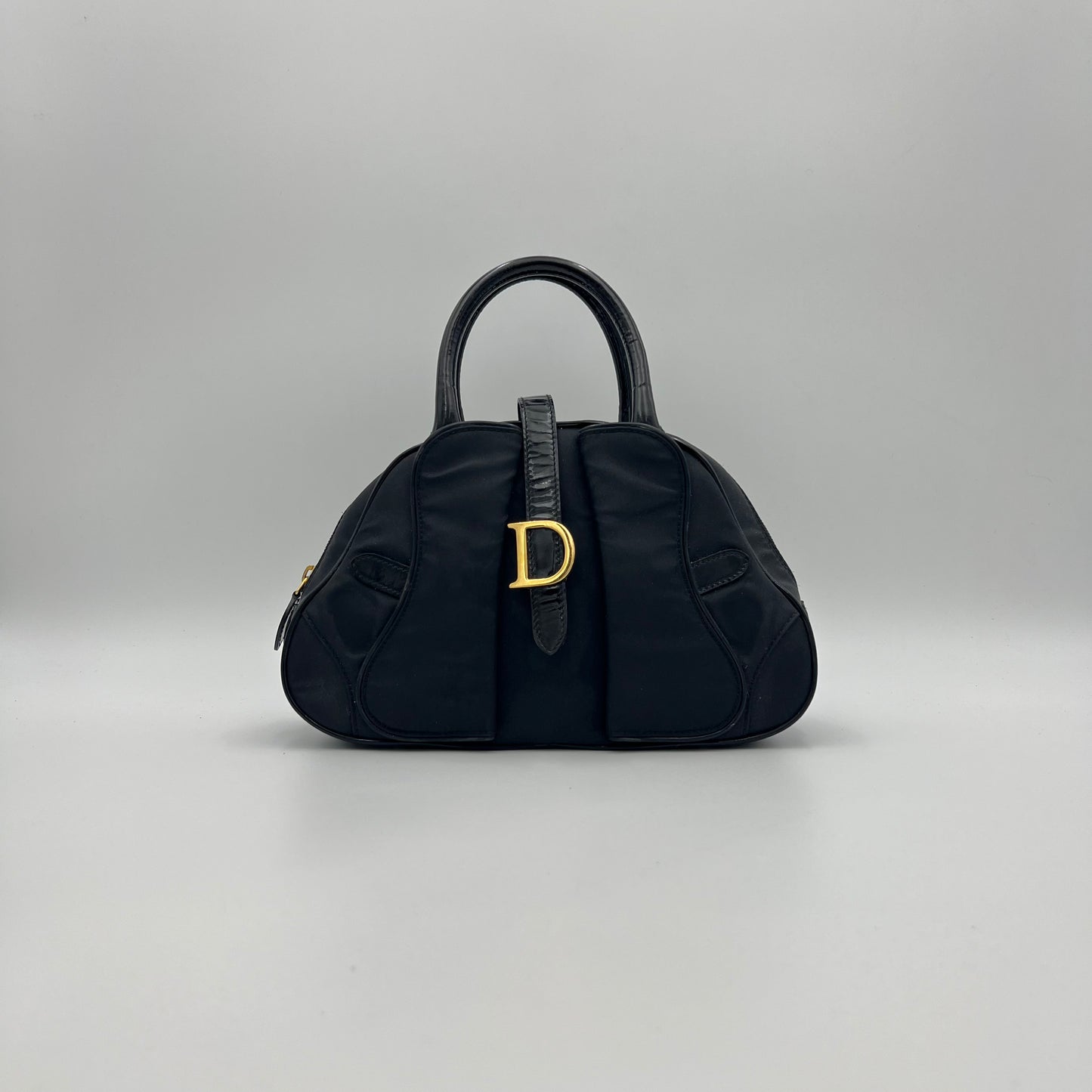 Christian Dior Black Nylon and Patent Leather Double Saddle Handbag