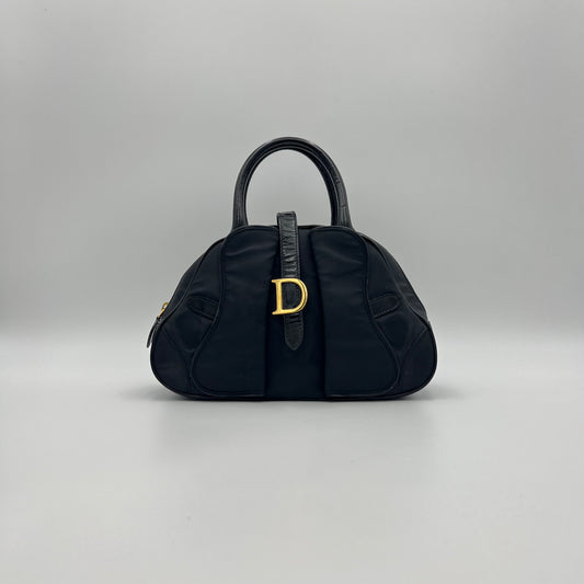 Christian Dior Black Nylon and Patent Leather Double Saddle Handbag