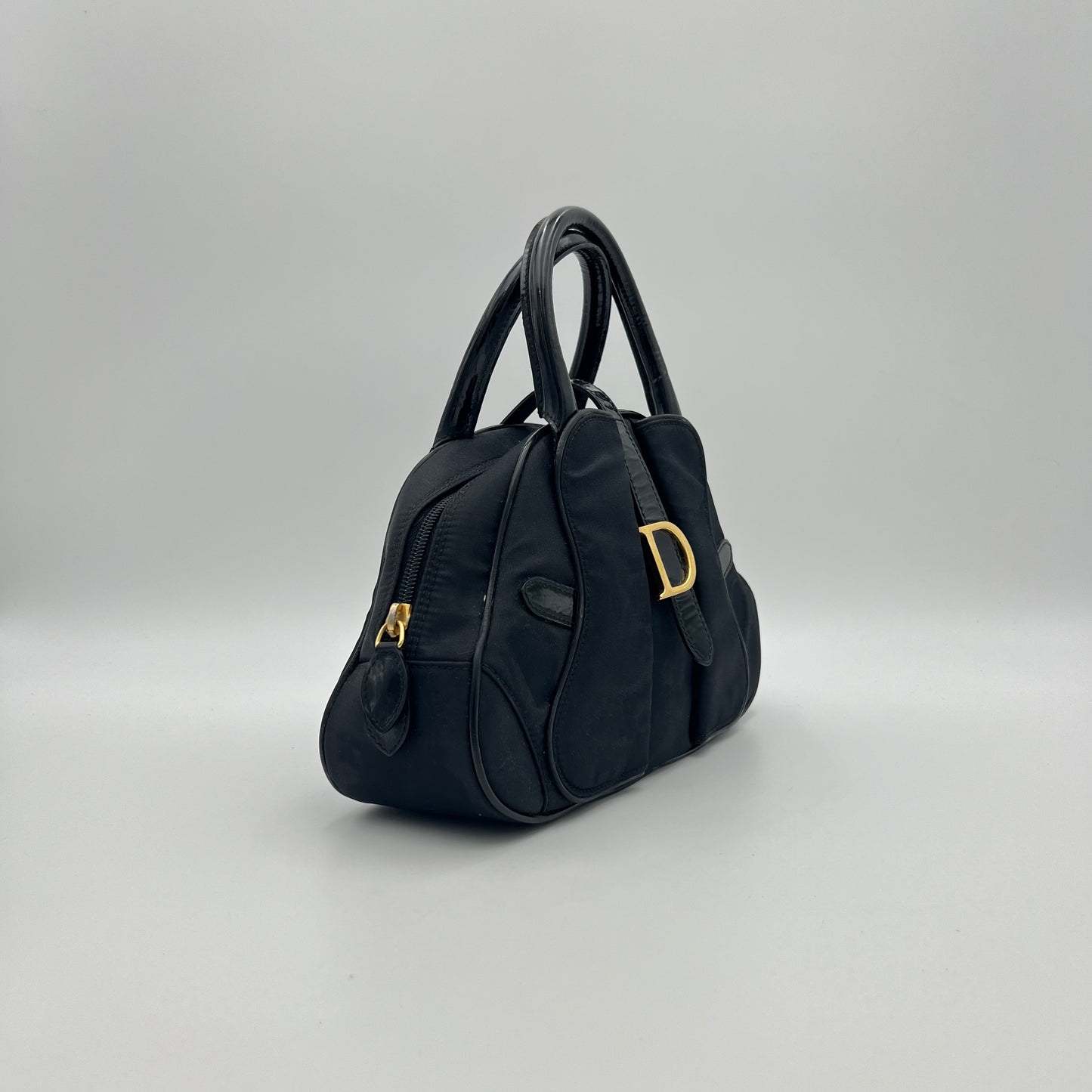 Christian Dior Black Nylon and Patent Leather Double Saddle Handbag
