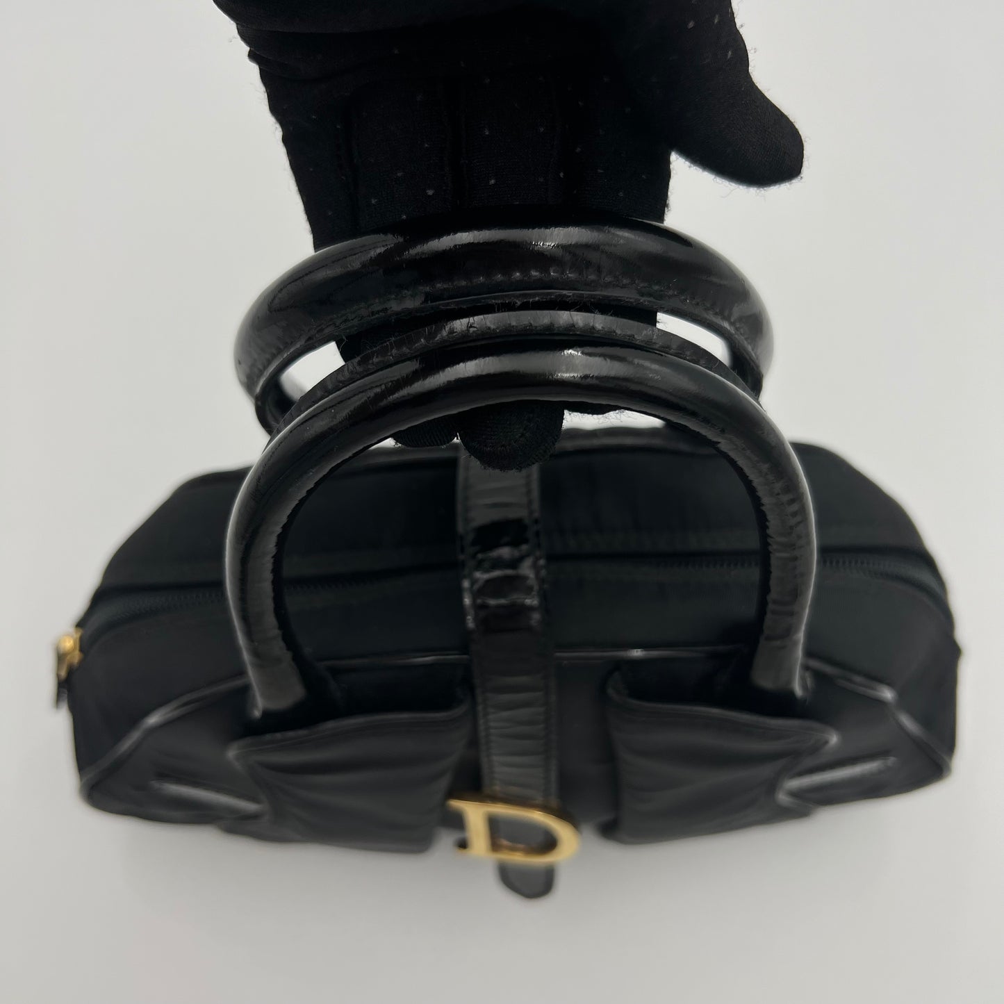 Christian Dior Black Nylon and Patent Leather Double Saddle Handbag