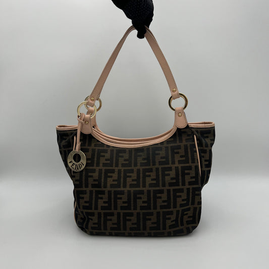 Fendi Tobacco Zucca Canvas and Light Pink Leather Chef Tote Shoulder Bag