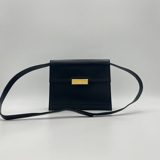 Christian Dior Vintage Black Leather Gold Logo Plate Box Bag