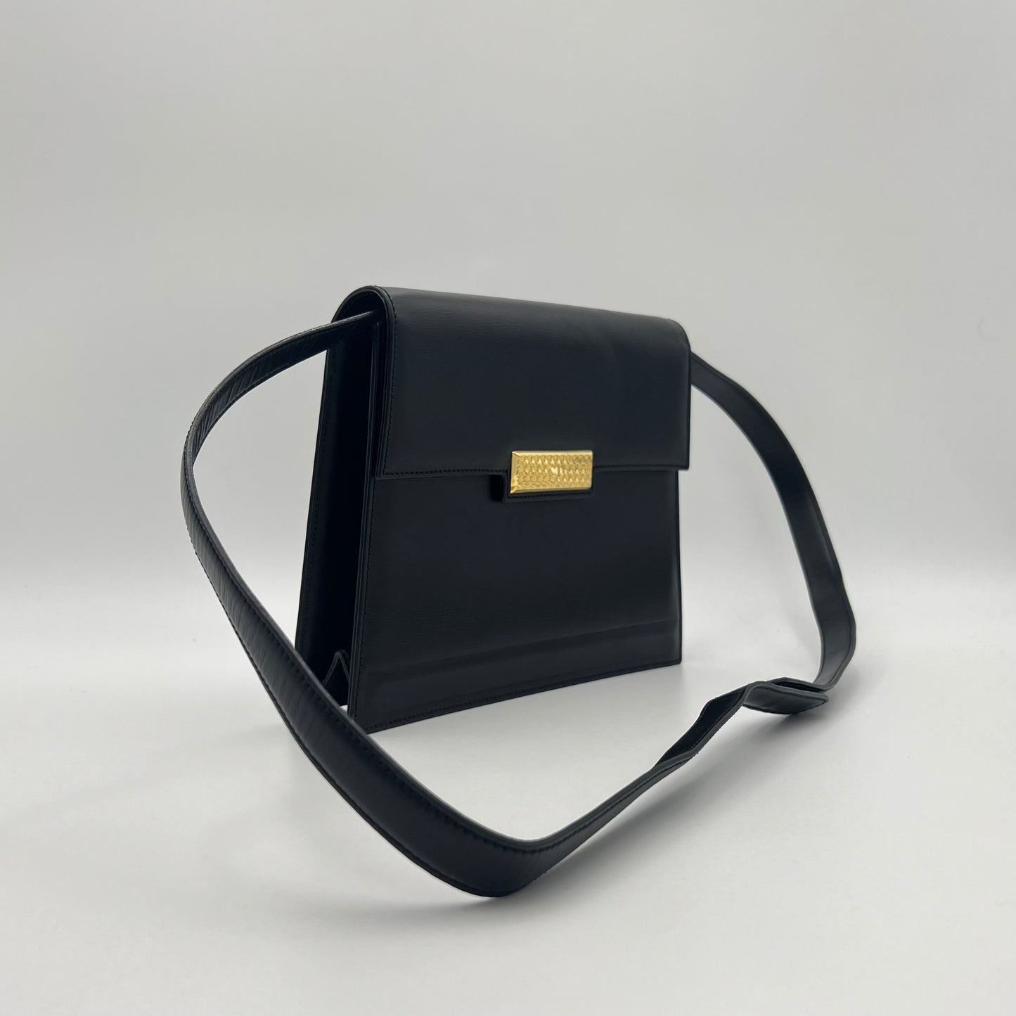 Christian Dior Vintage Black Leather Gold Logo Plate Box Bag