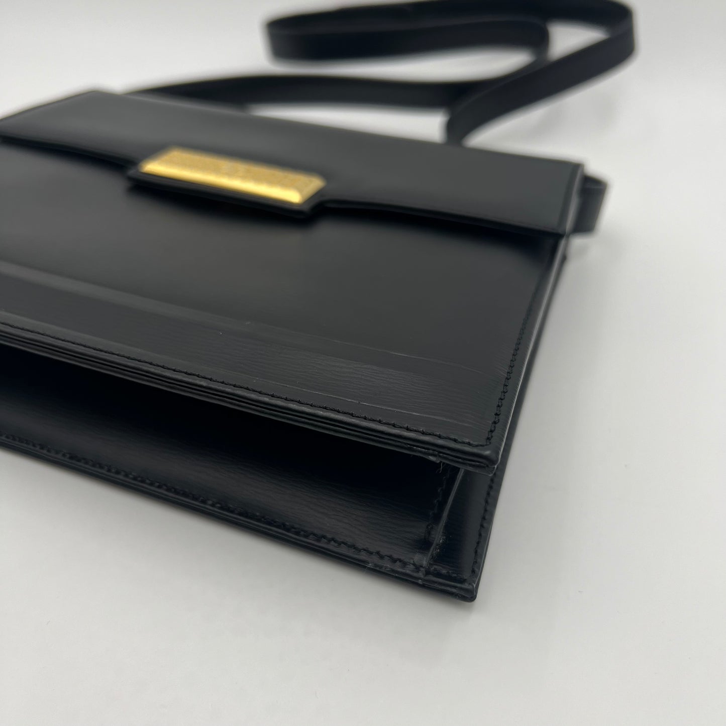 Christian Dior Vintage Black Leather Gold Logo Plate Box Bag