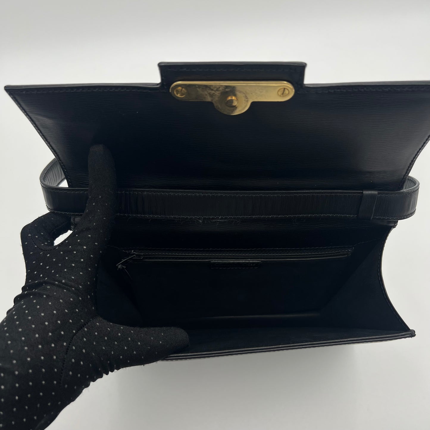 Christian Dior Vintage Black Leather Gold Logo Plate Box Bag