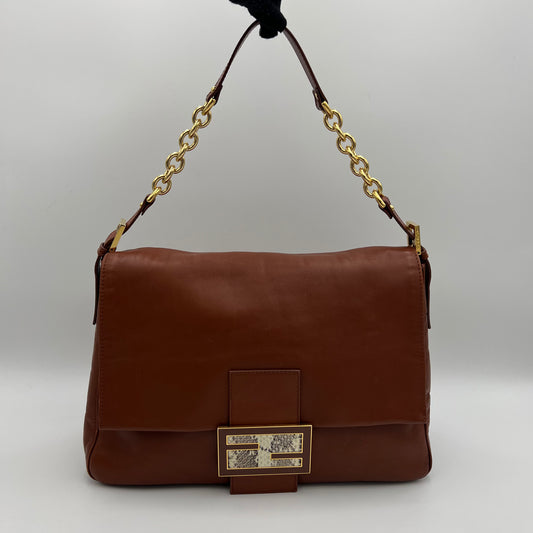Fendi Brown Leather Watersnake FF Big Mamma Baguette
