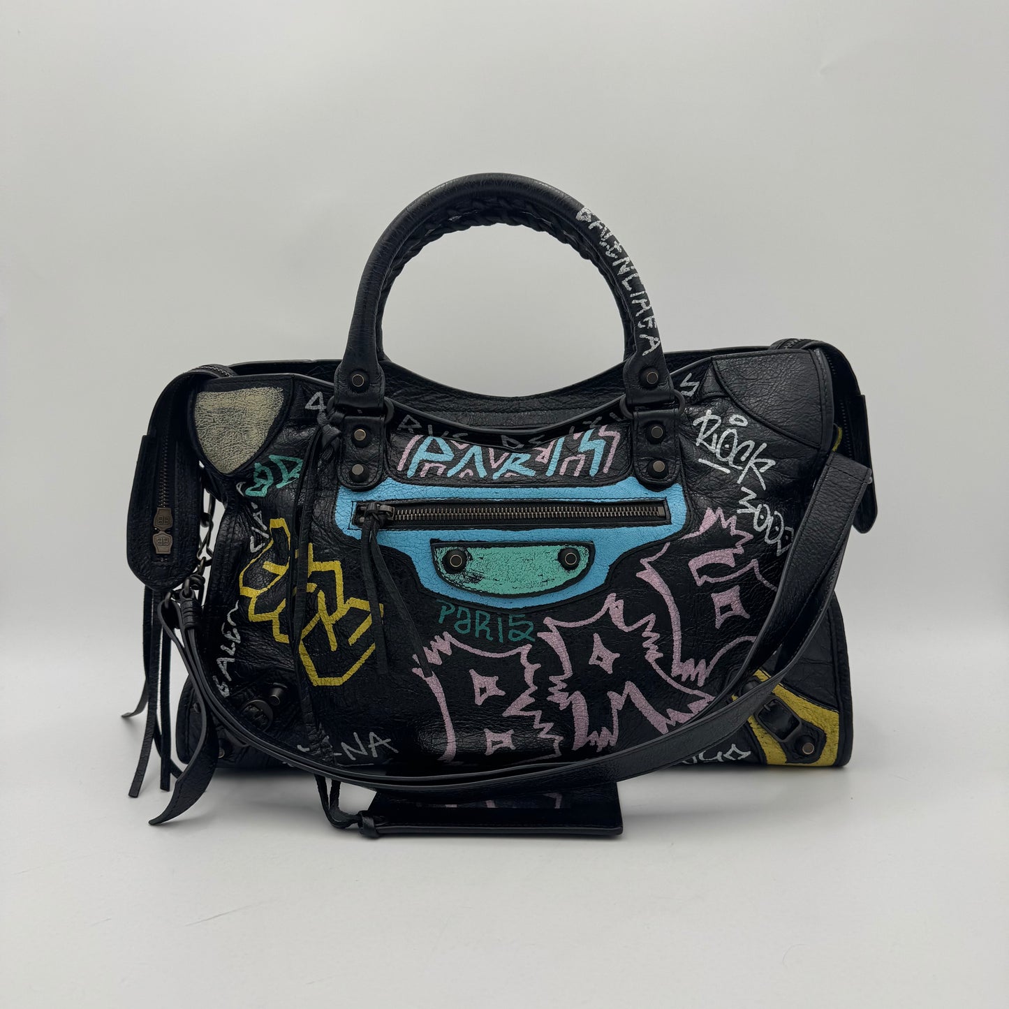 Balenciaga Black Leather Graffiti Classic City